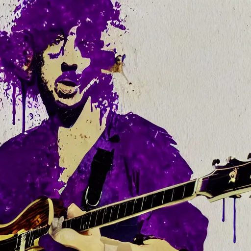 Image similar to dripping purple faded paint across the shape of a male human playing guitar, realistic, high detail, on a white damage background