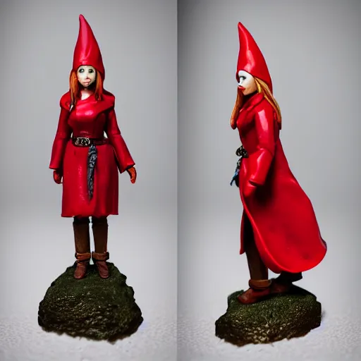 Image similar to 80mm resin model figure female gnome wearing long red coat ,fantasy, D&D, HDR, , natural light, medium close shot, dynamic pose, award winning photograph, Mucha style