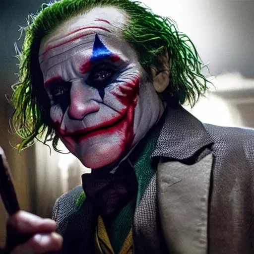 Image similar to stunning awe inspiring ( robin williams ) as the joker 8 k hdr movie still atmospheric lighting