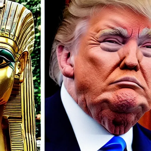 Prompt: donald trump as pharaoh, melania trump as egyptian queen, elegant, majestic, powerful, pyramids, anunaki, hieroglyphs, lush, rainforest, river, green, river god, wilbur smith, gold, trump tower