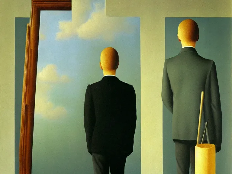 Image similar to mirrors, painting by rene magritte, high detail, high resolution