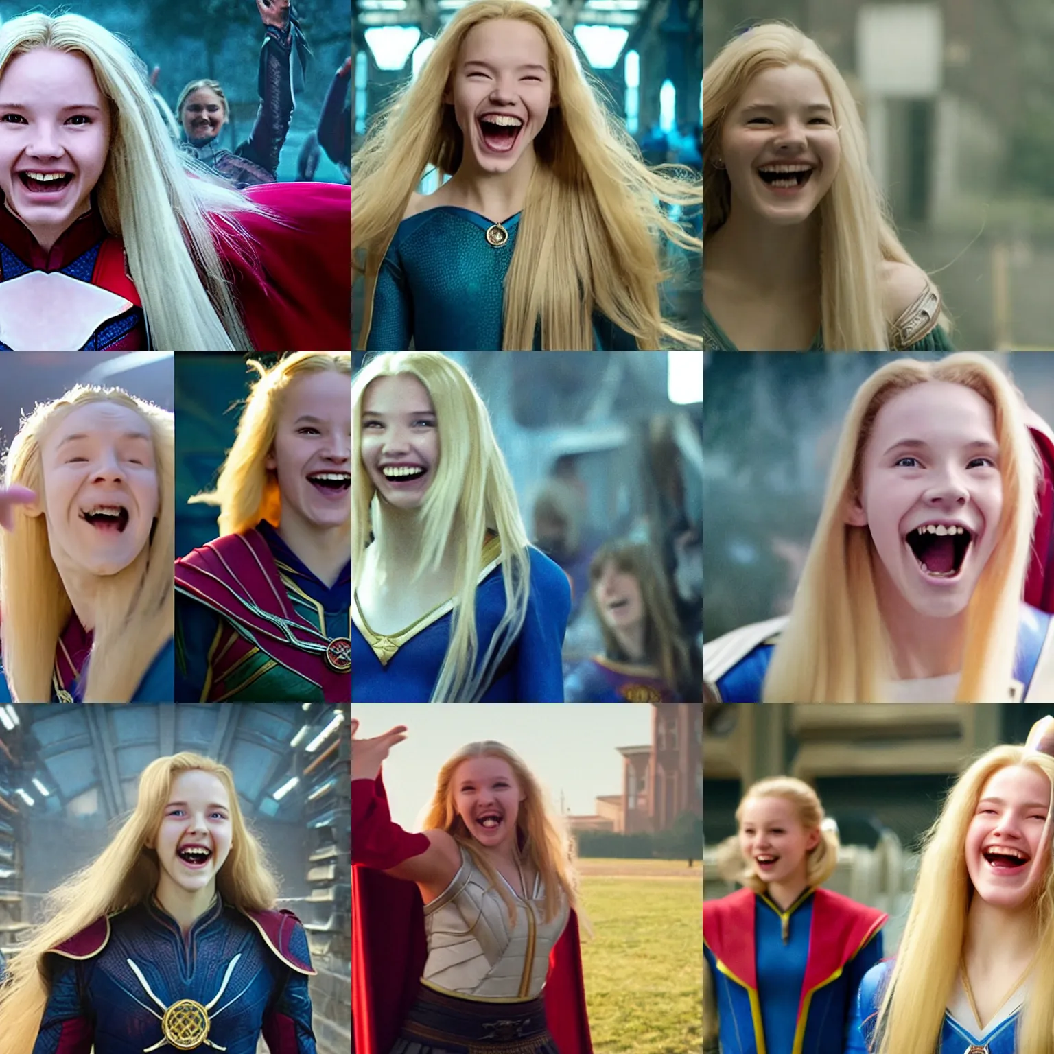 Prompt: Teenage high school girl cheerleader, laughing, long blond hair, as the Ancient One, film still from 'Doctor Strange'