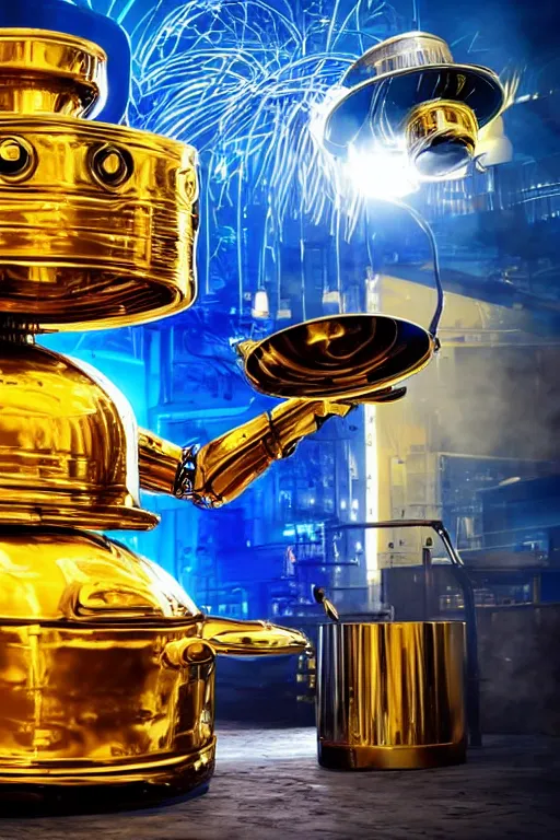 Image similar to portrait photo of a giant golden and blue metal steampunk robot wearing a big chef hat, with steaming pots and pans and tubes and a futuristic barbeque grill, eyes are green lights, shiny crisp finish, 3 d render, 8 k, insaneley detailed, fluorescent colors, background is multicolored lasershow