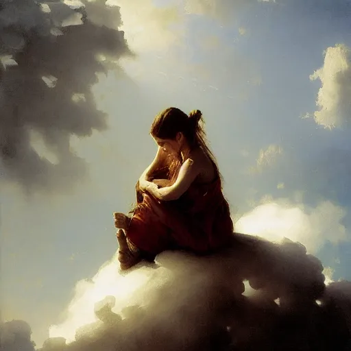 Image similar to girl sleeping on a cloud, beautiful and award winning art, art contest, sharp edges, realistic, impressive colours, by Albert Bierstadt, Jakub Rozalski, 4k