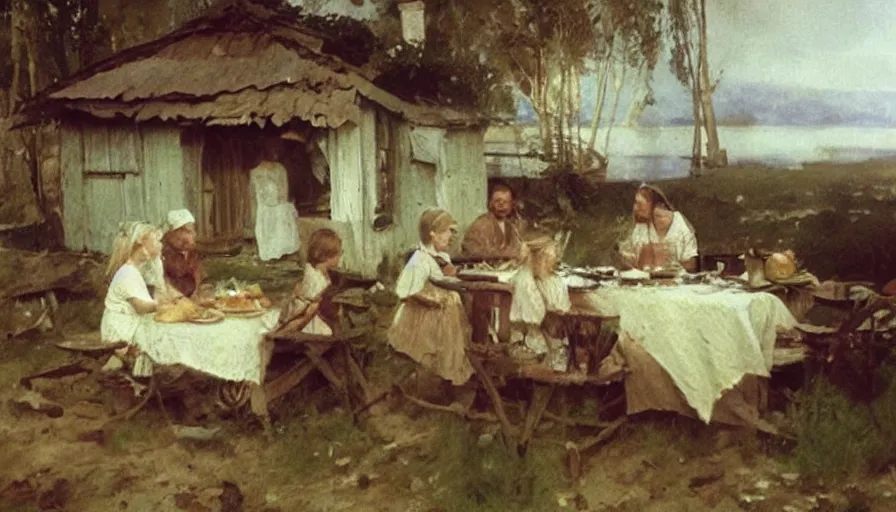 Image similar to simple villager family about to eat a meal together in their beautiful simple cottage home, art by anders zorn, wonderful masterpiece by greg rutkowski, beautiful cinematic light, american romanticism thomas lawrence, greg rutkowski