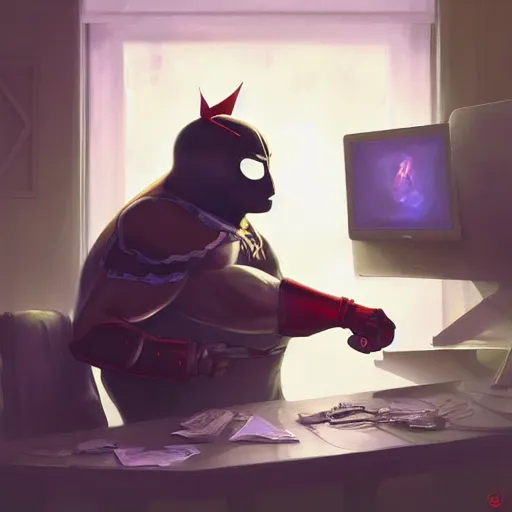 Image similar to a insanely detailed painting of a fat masked superhero wearing a costume sitting at a desk, staring at the nervously at the computer and clicking on the mouse, in the style of peter mohrbacher, dramatic lighting and composition, trending on artstation, concept art, comic book
