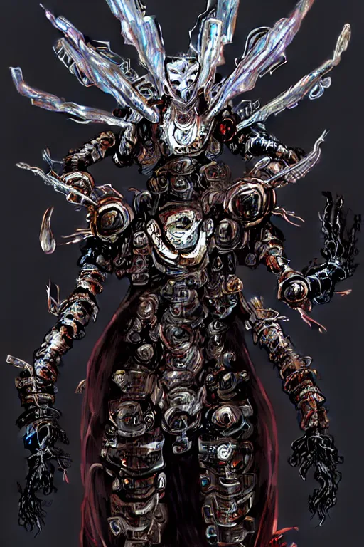 Image similar to asura from chinese myth, ghost, luxurious armor mixed with leather and metal, dystopian, cyberpunk, organic fractal mycelum and fungi, mecha, halfturn portrait of a big crystal face made of crystals half - turn, ominous, intricate, studio, art by anthony macbain + greg rutkowski + alphonse mucha, concept art, 4 k, sharp focus