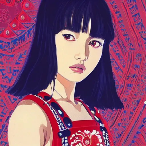 Image similar to a beautiful young japanese natalie portman alluring gravure model, stylized concept art, wearing elegant designer overalls, elegant overalls with mesoamerican patterns, mesoamerican native street fashion, princess mononoke, painted by jamie hewlett and ashley wood and mike mignola, aesthetic, gorgeous, stunning, alluring, attractive, artstation, pinterest, digital art