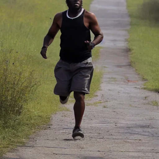 Prompt: black man in a white vest running away from a old white man