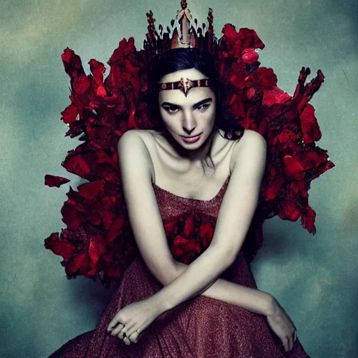 Image similar to full body fine art photo of the beauty gal gadot, she has a crown and a dress made of dried roses done by oleg oprisco