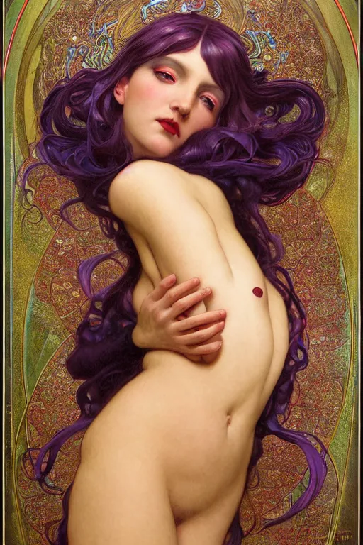 Prompt: masterpiece painting of ephemeral immortal succubus girl by donato giancola, darius zawadzki and tom bagshaw, face by artgerm and edmund leighton, alphonse mucha, background by james jean and gustav klimt, 8 k, otherworldly horror, crimson color palette, volumetric lighting, porcelain skin, french nouveau, trending on pixiv