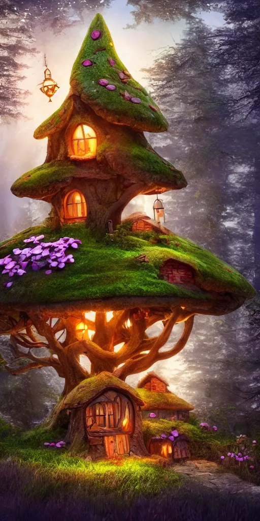 Image similar to A fairy tale toadstool-style house in magical forest, cinematic lighting, photo realistic image, 4K, super detailed, cinematic look