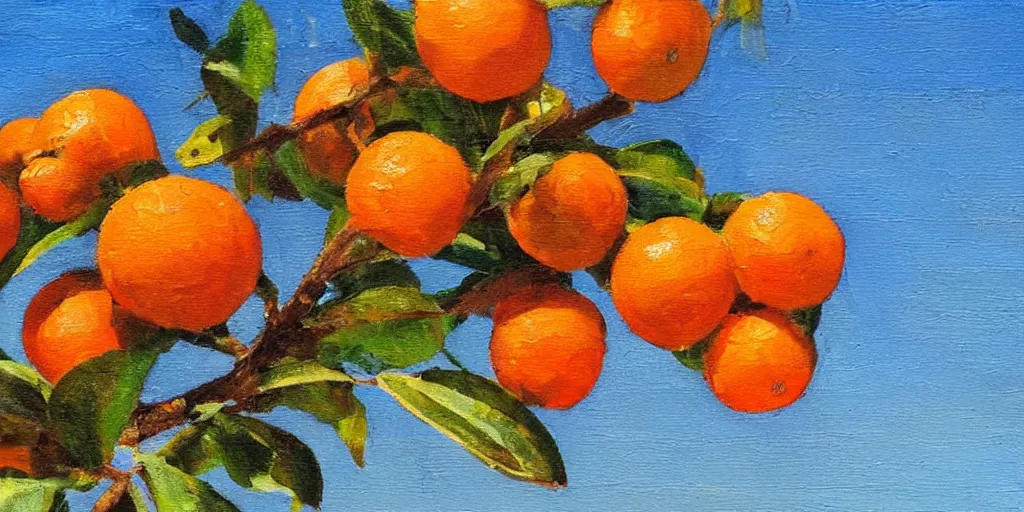 Image similar to brunch of orange tree against bright blue sky closeup, oil paint