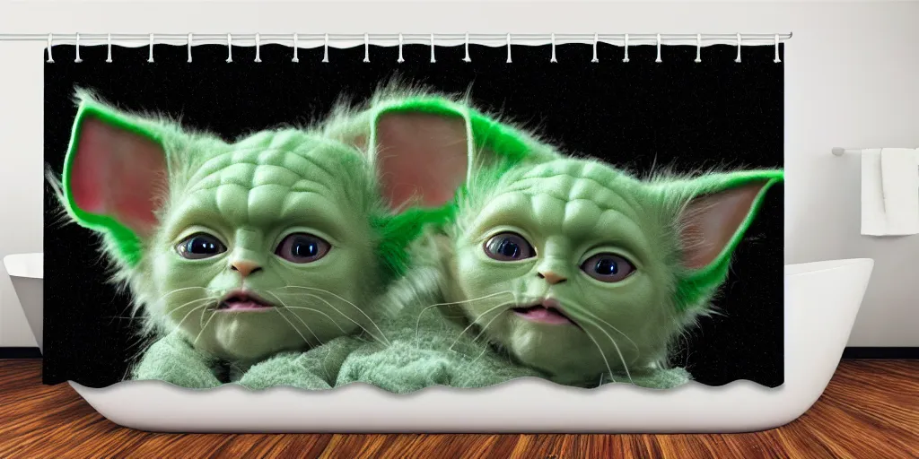 Image similar to a ( ( ( ( ( maine coon kitten ) ) ) ) ) baby yoda artwork themed shower curtain, shower curtain. product photography. product lighting. digital art. 4 k, highly detailed. saturated.