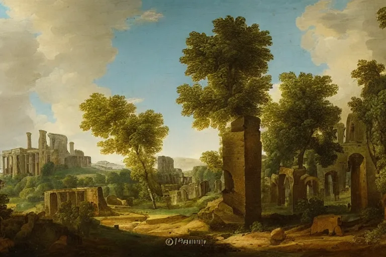 Image similar to beautiful arcadian landscape of a forested valley, ancient ruins in the distance by giovanni paolo pannini