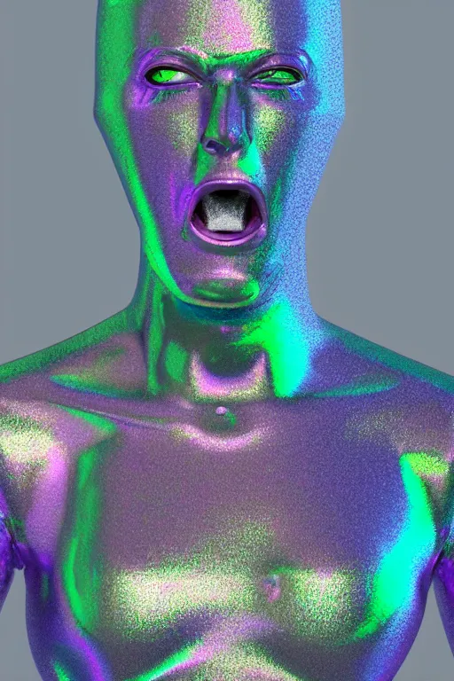 Image similar to 3d render of holographic angry human robotic screaming angry bust made of glossy iridescent, screaming, bust, surrealistic 3d illustration of a human non-binary, non binary model, 3d model human, cryengine, made of holographic texture, holographic material, holographic rainbow, concept of cyborg and artificial intelligence