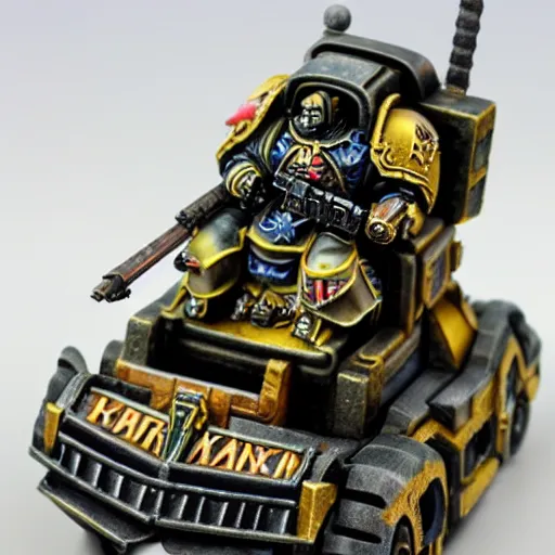 Image similar to 8 0 mm resin detailed miniature of a warhammer 4 0 k space marine driving the popemobile, product introduction photos, 4 k, full body, hyper detailed,