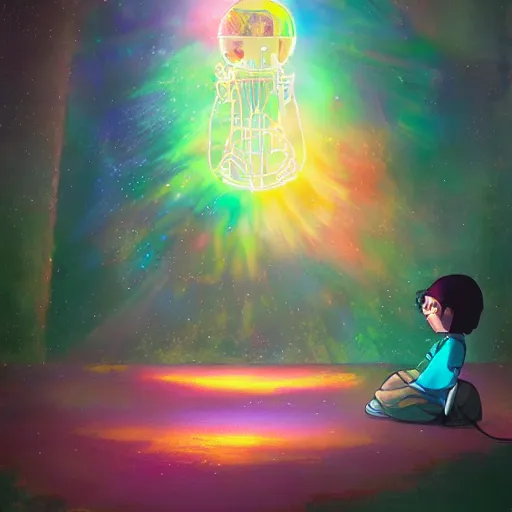 Prompt: a dream machine conncted to a boy with a helmet and electric cable with colorfull rays of light illuminate the environment by vanessa morales, studio ghibli,