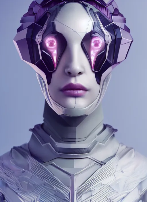 Image similar to beautiful portrait of an alien cyborg, style of Feng Zhu, Artstation geometric, aesthetic, smooth skin, unique features, symmetrical, intricate crown, high fashion, streetwear, cyberpunk, detailed, octane render, cinematic, 8k, purple skin,