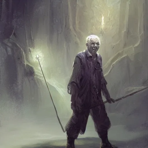 Prompt: Older man, holding staff embedded with crystals, casting spell, highly detailed, 4k,by Greg Rutkowski