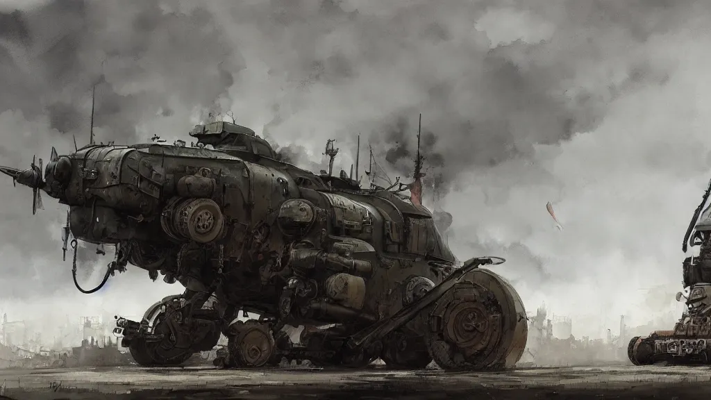 Image similar to overview of dieselpunk vehicle, watercolored, jakub rozalski, dark colours, dieselpunk, artstation