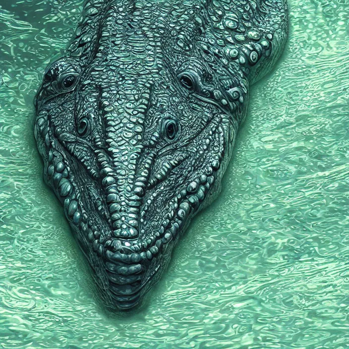 Image similar to symmetric! portrait of a anthropomorphic crocodile, fractal textured skin, glowing eyes, intricate detailed, background waves aquatic, luminescent digital art by paul barson and artgerm, 8 k hdr