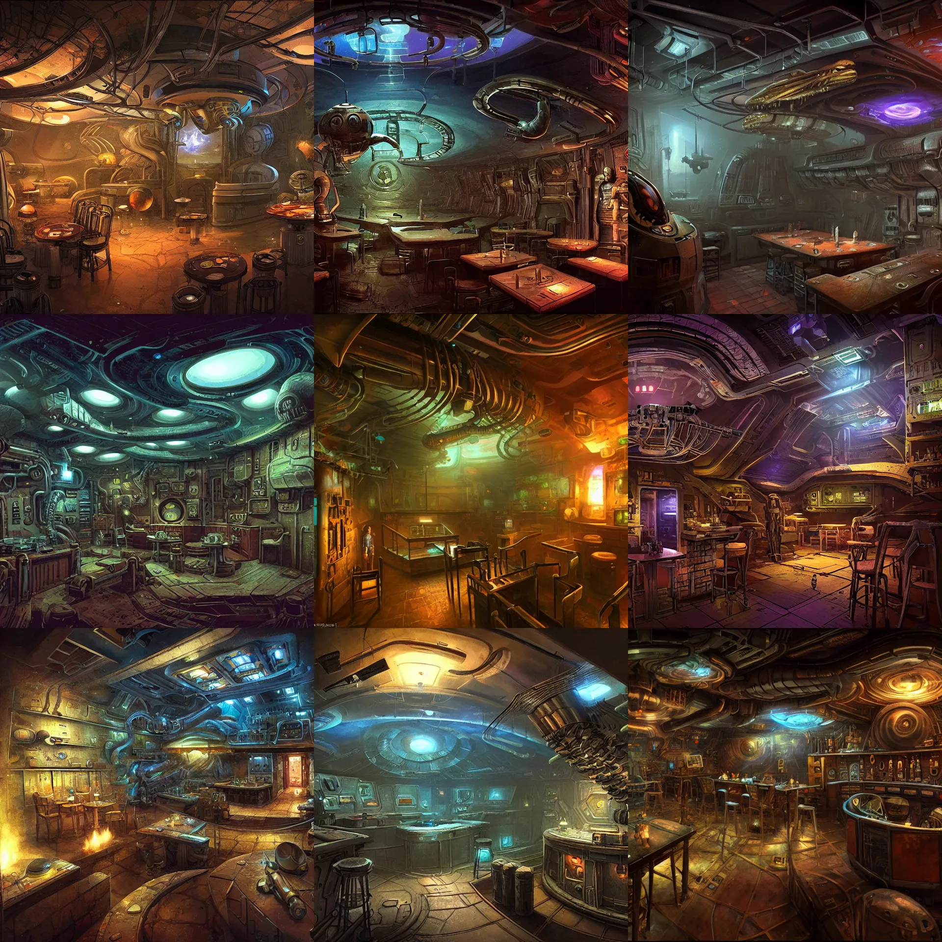 Prompt: in a small bar in a remote outpost, on an alien planet, from a space themed point and click 2 d graphic adventure game, set design inspired by hg giger and tomb raider, art inspired by thomas kinkade