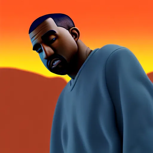 Prompt: a photo of kanye west by pixar, detailed, dynamic perspective, afrofuturistic, orange sky, realistic shading, mixed media, rendered in renderman
