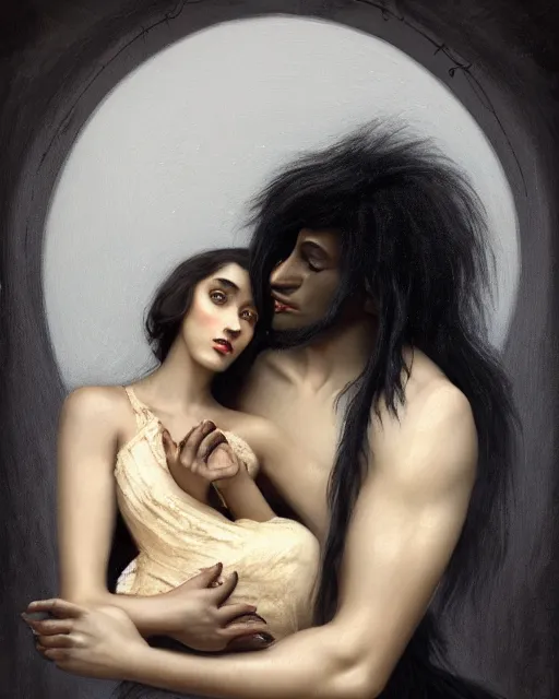 Image similar to a portrait of black furry shadow monster who is carrying a beautiful girl in his arms, background of deep shadows, illustration, dramatic lighting, soft details, painting oil on canvas, art nouveau, octane render, HDR, 4k, 8k, HD, by Edmund Blair Leighton, Brom, Charlie Bowater, trending on artstation, Tom Bagshaw, faces by otto Schmidt