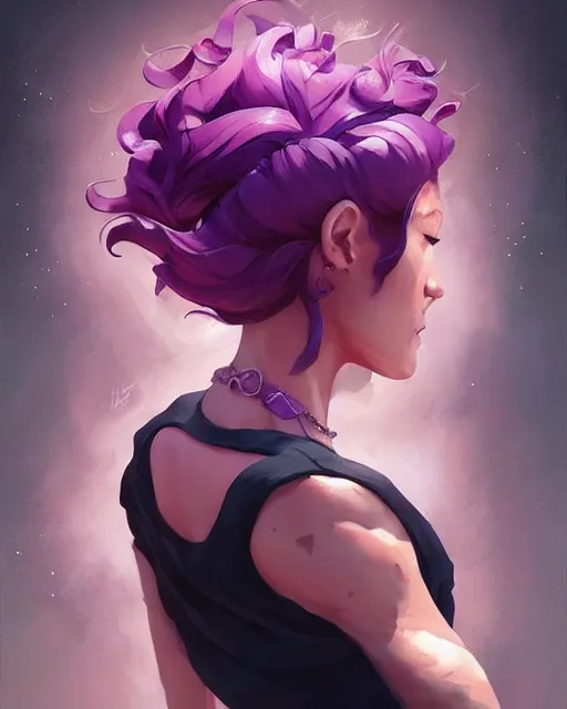 Image similar to beautiful Bella Hadid purple hair tattoos symmetrical face eyes full body fantasy art icon, 5d art cover , official fanart behance hd artstation by Jesper Ejsing, by RHADS, Makoto Shinkai and Lois van baarle, ilya kuvshinov, rossdraws