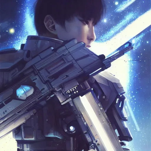 Image similar to award winning, extremely photorealistic, bokeh, beautiful detail, stars in the sky, cybernetic, sci-fi space game art, jeon Jungkook holding a gun. alien planet art by Akihito Yoshitomi AND Yoji Shinkawa AND Greg Rutkowski, Mark Arian trending on artstation