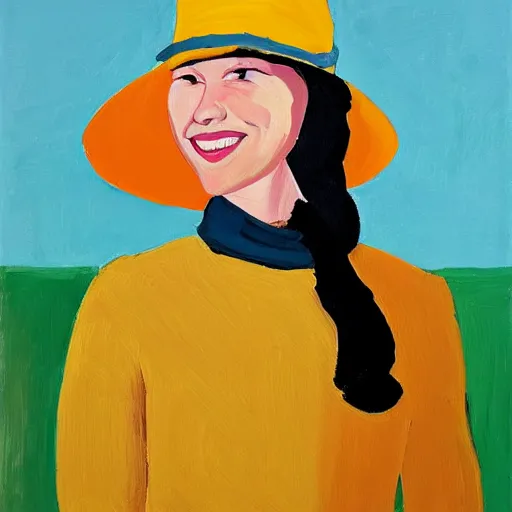 Image similar to woman with hat, by Alex Katz, colorful, smiling, oil on canvas