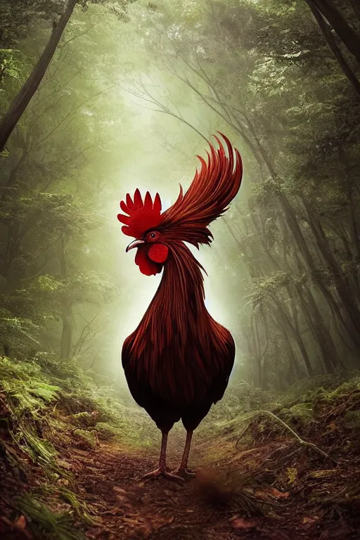 Image similar to a beautiful rooster in a forest, inspired by thomas eakes & greg rutkowski & xiang duan, perfect symmetry, magic realism, post - processing, extremely hyper - detailed, intricate, soft - lighting, lifelike attributes, masterpiece, pastel'