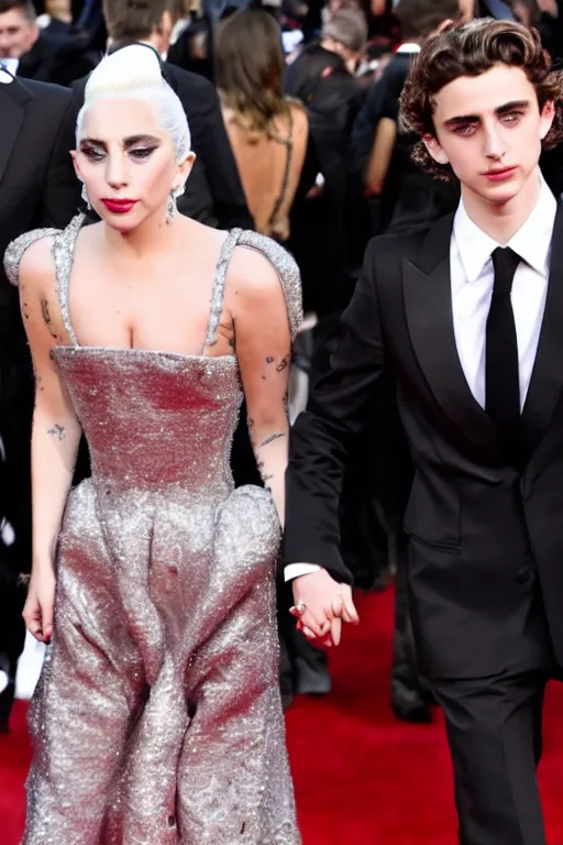 Image similar to timothee chalamet and lady gaga holding hands on the red carpet, beautiful detailed faces