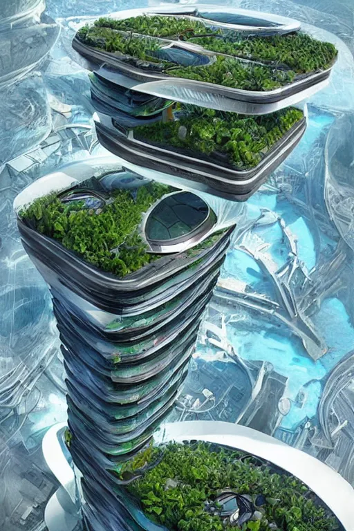 Prompt: Floating ocean cities, hydroponics and vertical farms, hover cars and futuristic trains, eco-friendly theme, telephoto lens, high shot camera angle, futuristic architecture by Bjarke Ingels, future island design, hyperdetailed artstation, concept art, sci-fi illustration, digital art, by James Gurney, by Stephan Martiniere