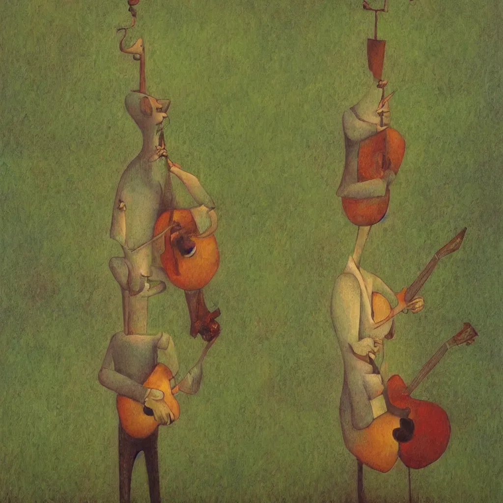 Image similar to whimsical painting of a man with a guitar for a head standing in a green field, painted by shaun tan, award winning painting