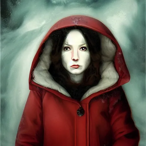 Prompt: horror movie poster art, a red headed woman in a parka in a snowstorm by Francisco Goya, dirk dziminrsky and Marco Mazzoni