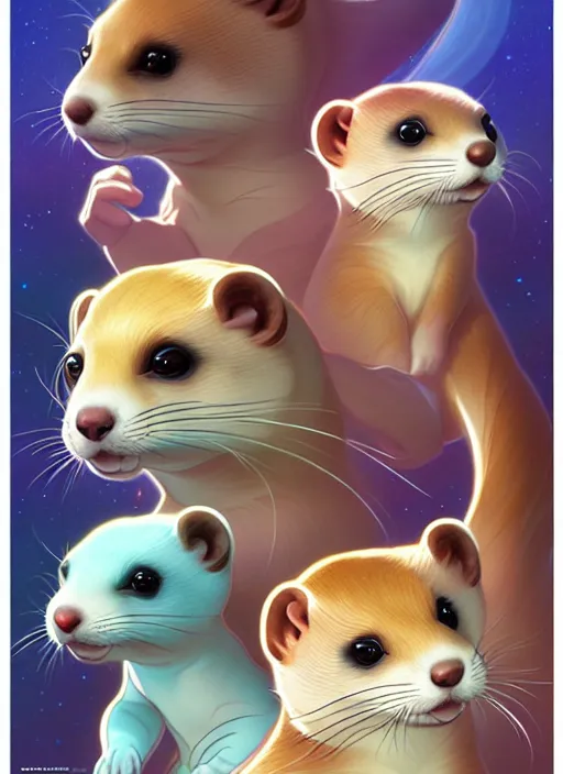 Image similar to cute intergalactic ferrets, natural lighting, path traced, highly detailed, high quality, digital painting, by don bluth and ross tran and studio ghibli and alphonse mucha, artgerm