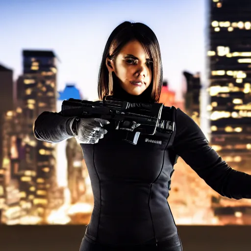 Prompt: photographic portrait of a techwear woman holding a Glock 18, closeup, on the rooftop of a futuristic city at night, sigma 85mm f/1.4, 4k, depth of field, high resolution, full color, two coherent arms