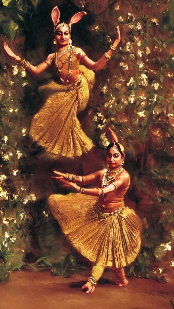 Image similar to a rabbit dancing bharatanatyam in botanical room by john singer sargent, cinematic, detailed