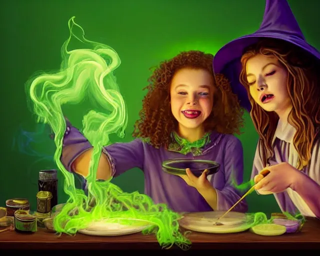 Image similar to close up portrait, happy teen witch and her cat mixing a spell in a cauldron, faint wispy green and purple smoke fills the air, a witch hat, cinematic, green glowing smoke is coming out of the cauldron, ingredients on the table, apothecary shelves in the background, scary stories to tell in the dark book cover, goosebumps