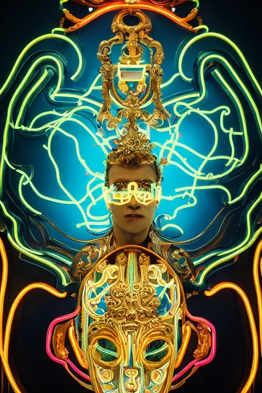 Image similar to full-body neon porcelain bladerunner and rococo style sculpture of a young handsome Cuban prince wearing retro shades and a gold chain, half android face, porcelain chest opening exposing circuitry and electric sparks, glowing laser beam eyes, crown of giant diamonds, flowing neon-colored silk, fabric, raptors. baroque elements. full-length view. baroque element. intricate artwork by caravaggio. many many birds birds on background. Trending on artstation, octane render, cinematic lighting from the right, hyper realism, octane render, 8k, depth of field, 3D