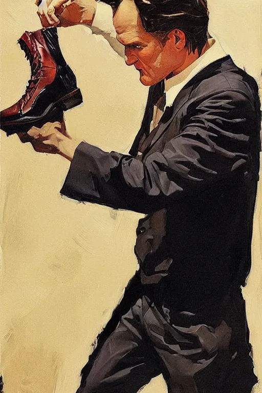 Prompt: quentin tarantino holding feet!!!, licking, painting by jc leyendecker!! phil hale!, angular, brush strokes, painterly, vintage, crisp