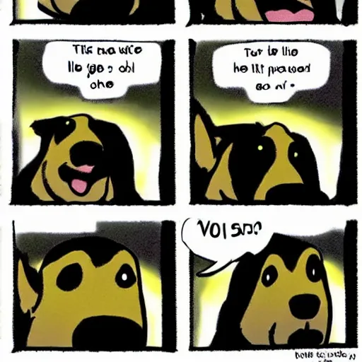 Image similar to “four-panel comic of a dog having a revelation”