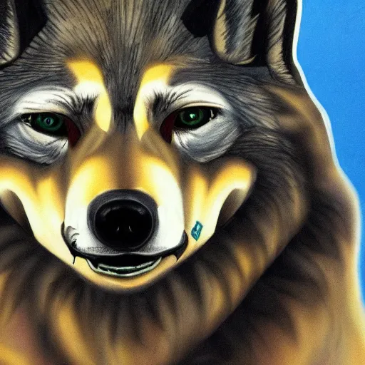 Image similar to portrait of retarded wolf, eyes in different directions, vivid colors, propaganda style, it looks sick, very ugly face, missing teeth