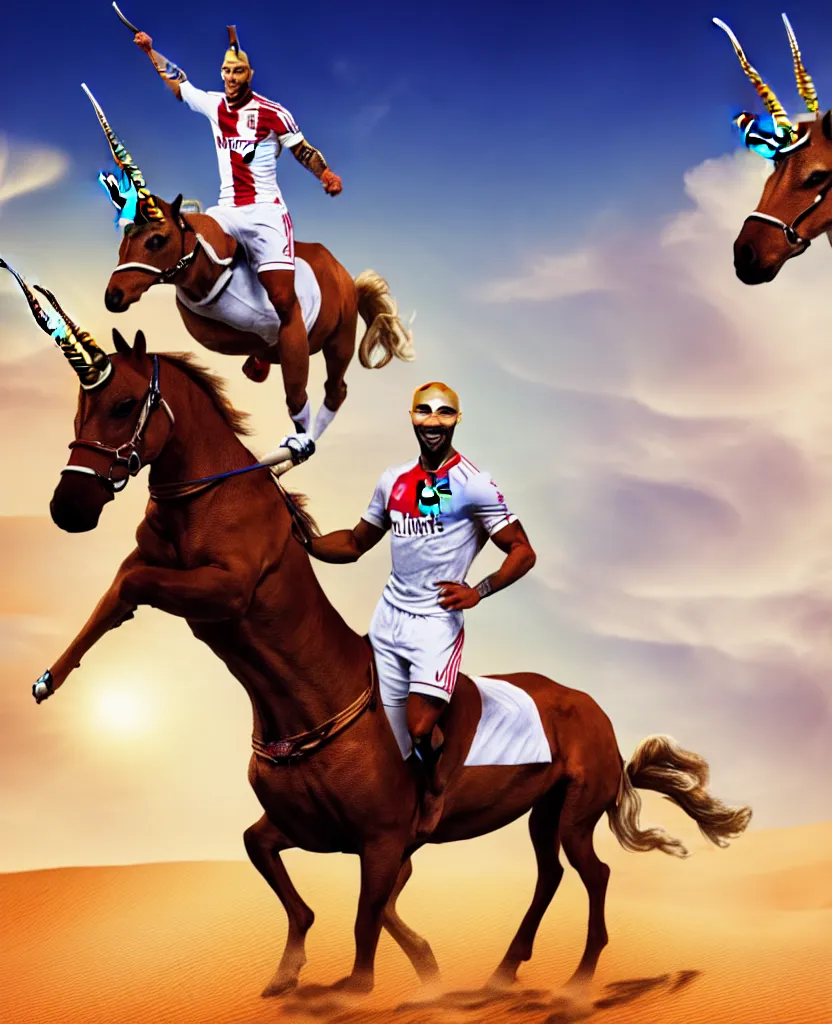 Image similar to thierry henry riding a unicorn in the desert, sharp, details, hyper - detailed, hd, 4 k, 8 k