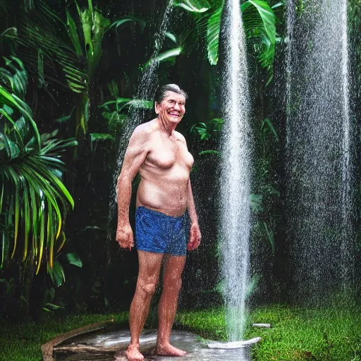 Prompt: 4 k hdr full body wide angle portrait of ronald reagan showering in a tropical bali jungle shower with moody overcast stormy lighting