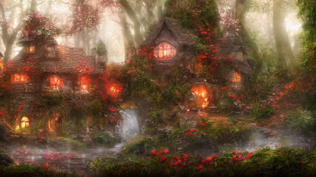 Prompt: fantasy multistory red toadstool cottage growing in magical forest, foggy atmosphere, volumetric lighting, fantasy artwork, very beautiful scenery, very realistic painting effect, hd, hdr, unreal engine 5, cinematic 4k wallpaper, 8k, ultra detailed, high resolution