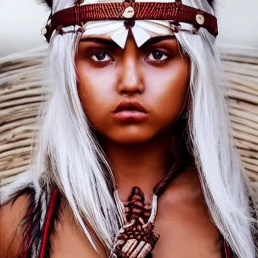 Image similar to hot tribal warrior cute girl big eyes pouty lips tanned skin white hair