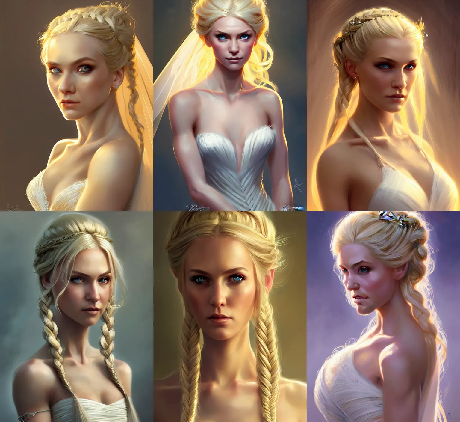 Prompt: Portrait of blonde bride, D&D fantasy, wearing a low-cut wedding dress with a single braid in her hair, she has a flirty expression. Intricate, highly detailed, digital painting, artstation, concept art, sharp focus, illustration, art by greg rutkowski and Ross Tran
